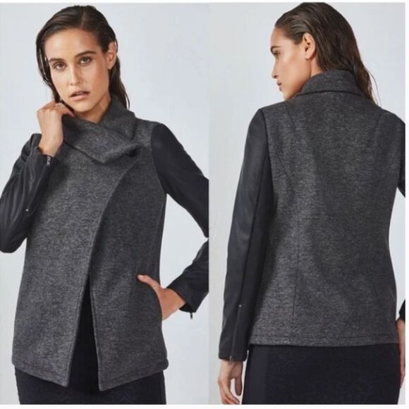 Fabletics Jackets & Blazers - Fabletics Milano Coat Grey Black Faux Leather Sleeve Wrap Jacket size Small